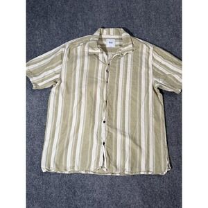 Katin Shirt Mens XL Green White Striped Linen Cotton Short Sleeve Button Up